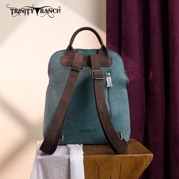 Trinity Ranch Aztec Tooled Fringe Concealed Carry Backpack Turquoise - Picture 4 of 6